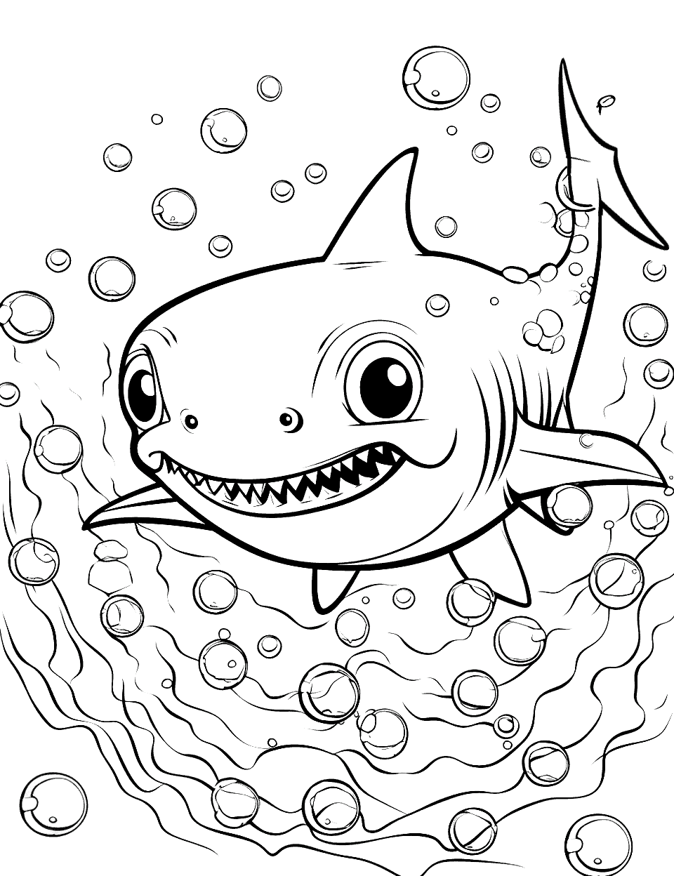 Baby Shark's Frenzy Shark Coloring Page - Baby Shark navigating through a frenzy zone made of bubbles.