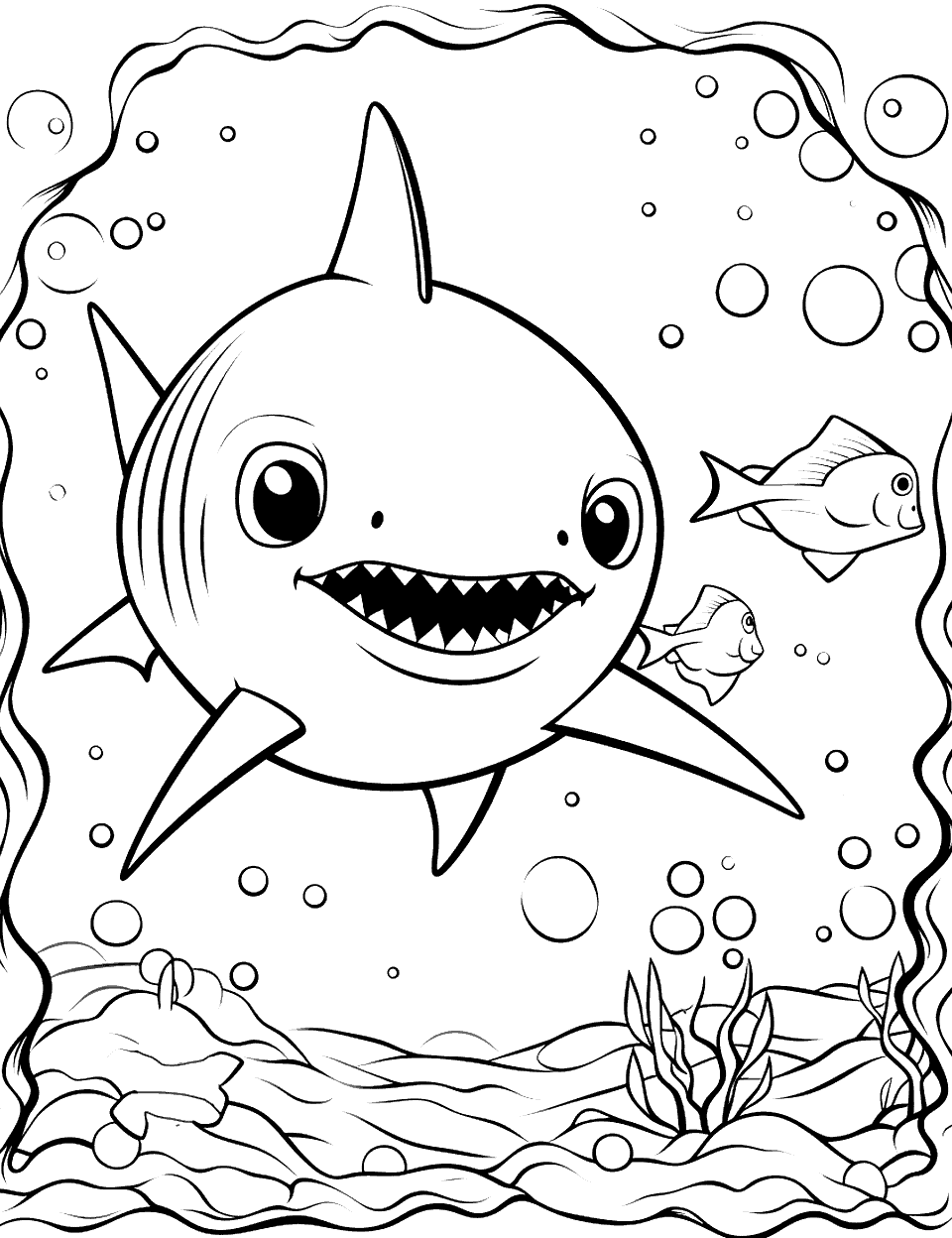 Mystical Underwater Cavern Baby Shark Coloring Page - Baby Shark exploring a mystical underwater cavern.