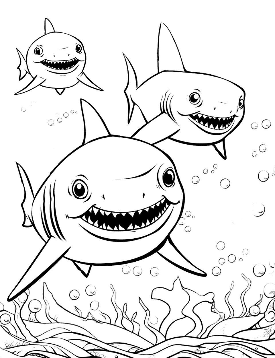 Multiple Baby Sharks Shark Coloring Page - A group of Baby Sharks playing tag in the sea.