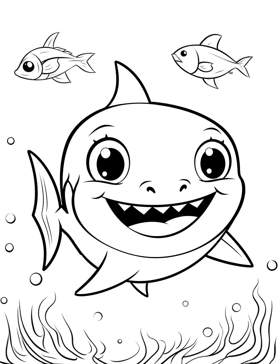 Baby Shark and Fish Coloring Page - Baby Shark making friends with small fishes in the ocean.