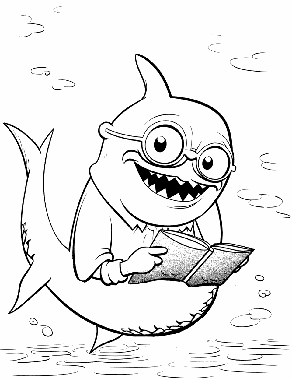 Grandpa Shark’s Day Out Baby Shark Coloring Page - Grandpa Shark wearing glasses and reading a newspaper underwater.