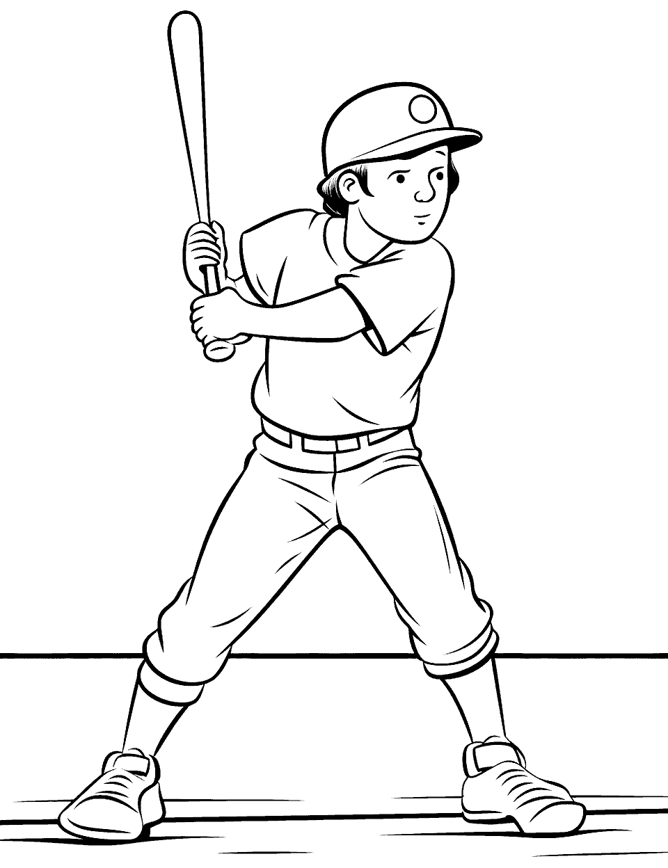 Baseball Player at Bat Coloring Page - The batter stands square to the plate with the bat cocked back over his shoulder, waiting on the pitch. Thick, clean outlines make this an easy one for younger colorers to fill without much slipping. Pick two team colors for the jersey and pants, then go lighter on the helmet so the round patch on its side still shows. Regular printer paper is fine here.