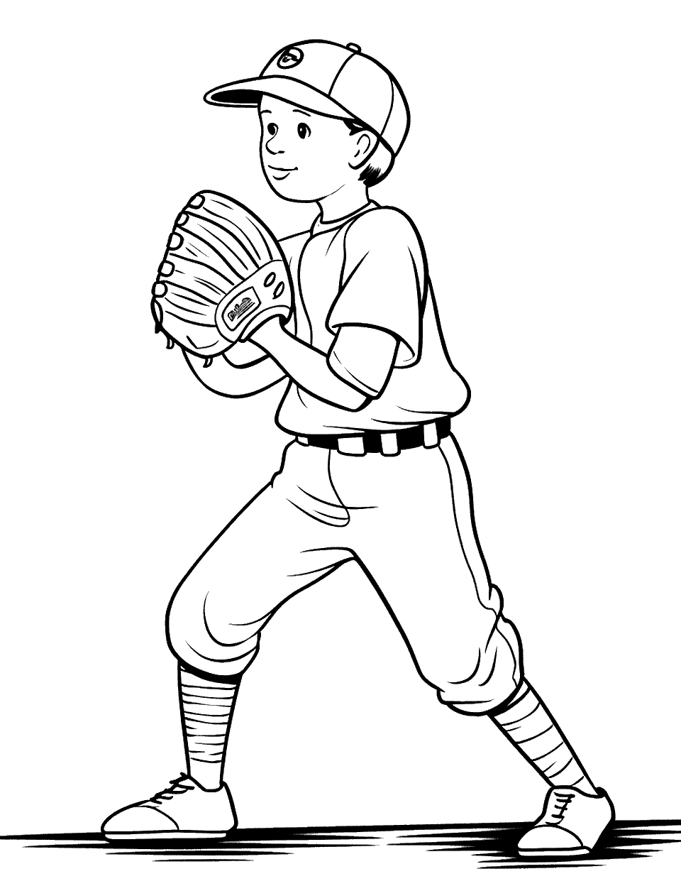 Focused Pitcher Baseball Coloring Page - The pitcher stands side-on with both hands together at his chest and the glove up, right before the throw. Clean lines and a plain background keep this one simple for early elementary kids. A dark cap against a light jersey makes the pose read from across the room. Ask your child which pitch he is about to throw and write it in the margin.