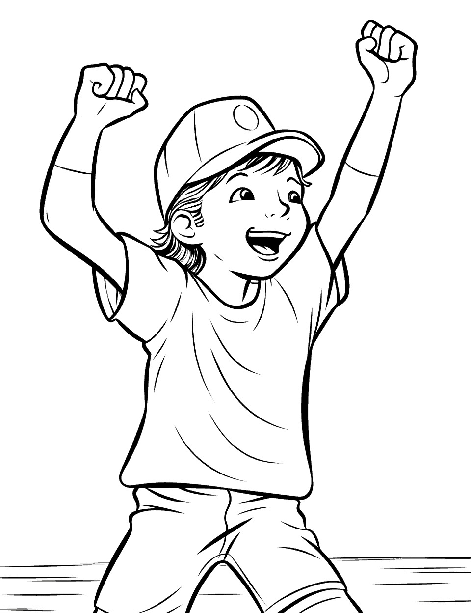 Fan Fever Baseball Coloring Page - Here the view closes in on a young fan with both fists punched into the air and a mouth open mid-cheer. It is just a cap, a plain tee, and shorts, so there is a lot of open space for pattern practice. Stripes, dots, or a made-up team logo on the shirt all work. Younger colorers can handle this page on their own.