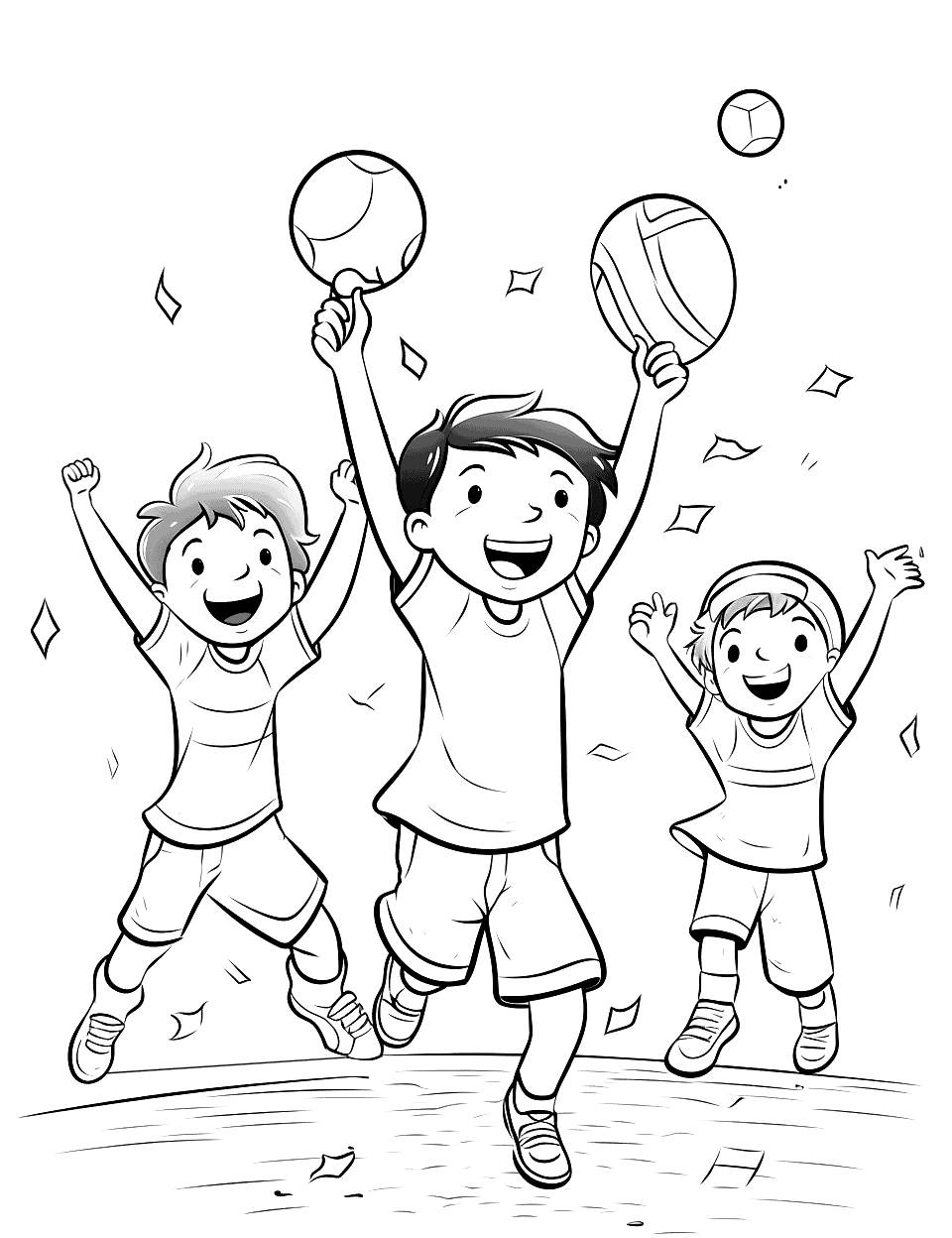 Happy Victory Celebration Baseball Coloring Page - Three cartoon kids leap off the ground with confetti flying around them, and the one in the middle holds a ball up in each hand. Another ball floats near the top corner. Give the confetti scraps a rainbow of colors and keep the shirts to one team color for contrast. It is a cheerful page to hand out at an end-of-season party.