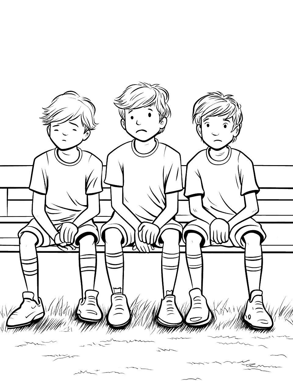 Tough Loss Baseball Coloring Page - Not every sheet is a celebration. Three players sit slumped on a bench with their hands on their knees, flat expressions, and grass under their cleats. It opens a door to talk about losing, which is half of youth sport. Muted colors suit the mood, and the striped socks give one small pop if you want it.