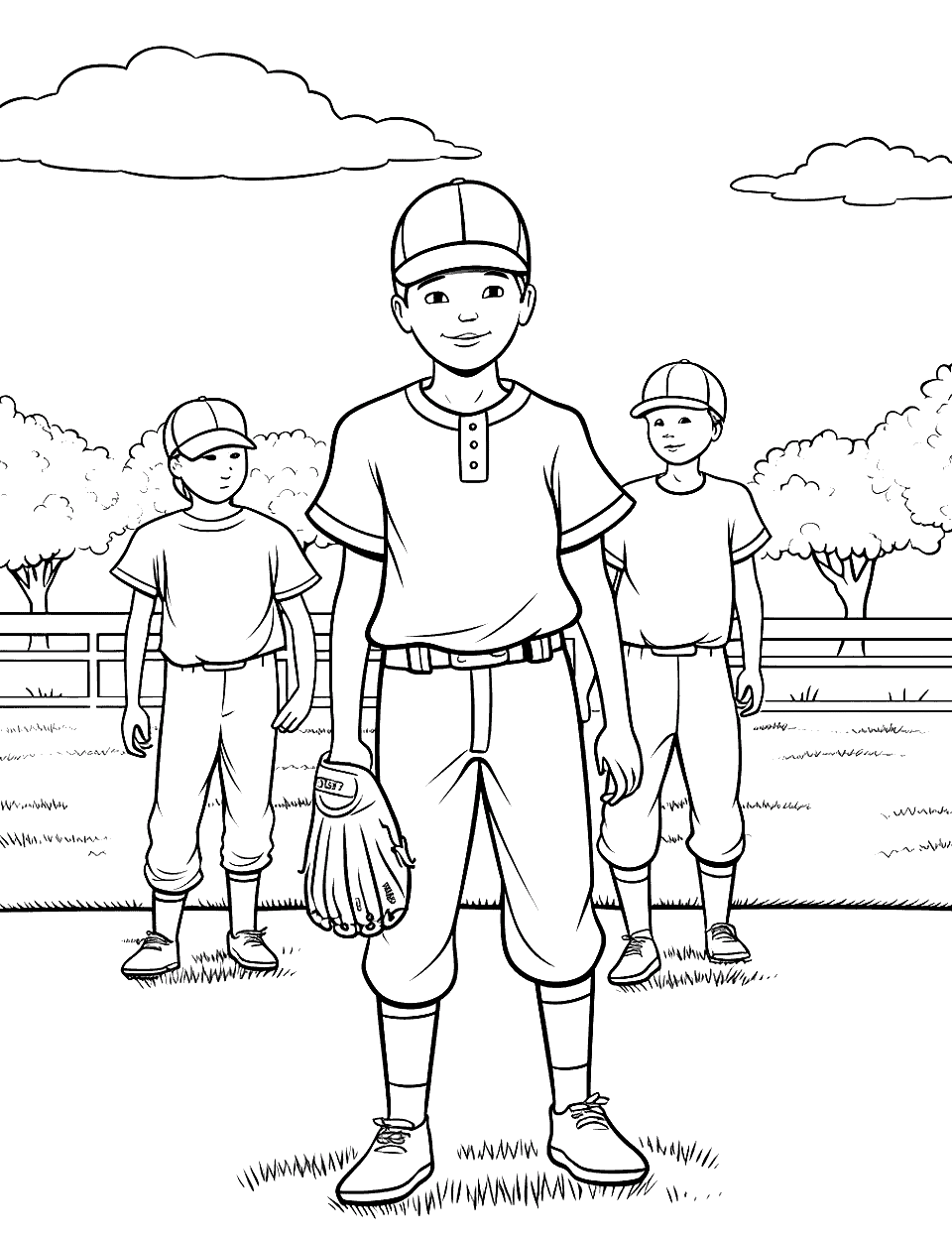 Baseball Camp Fun Coloring Page - Kids in baseball camp uniforms practicing, with a simple backdrop of a field and trees.