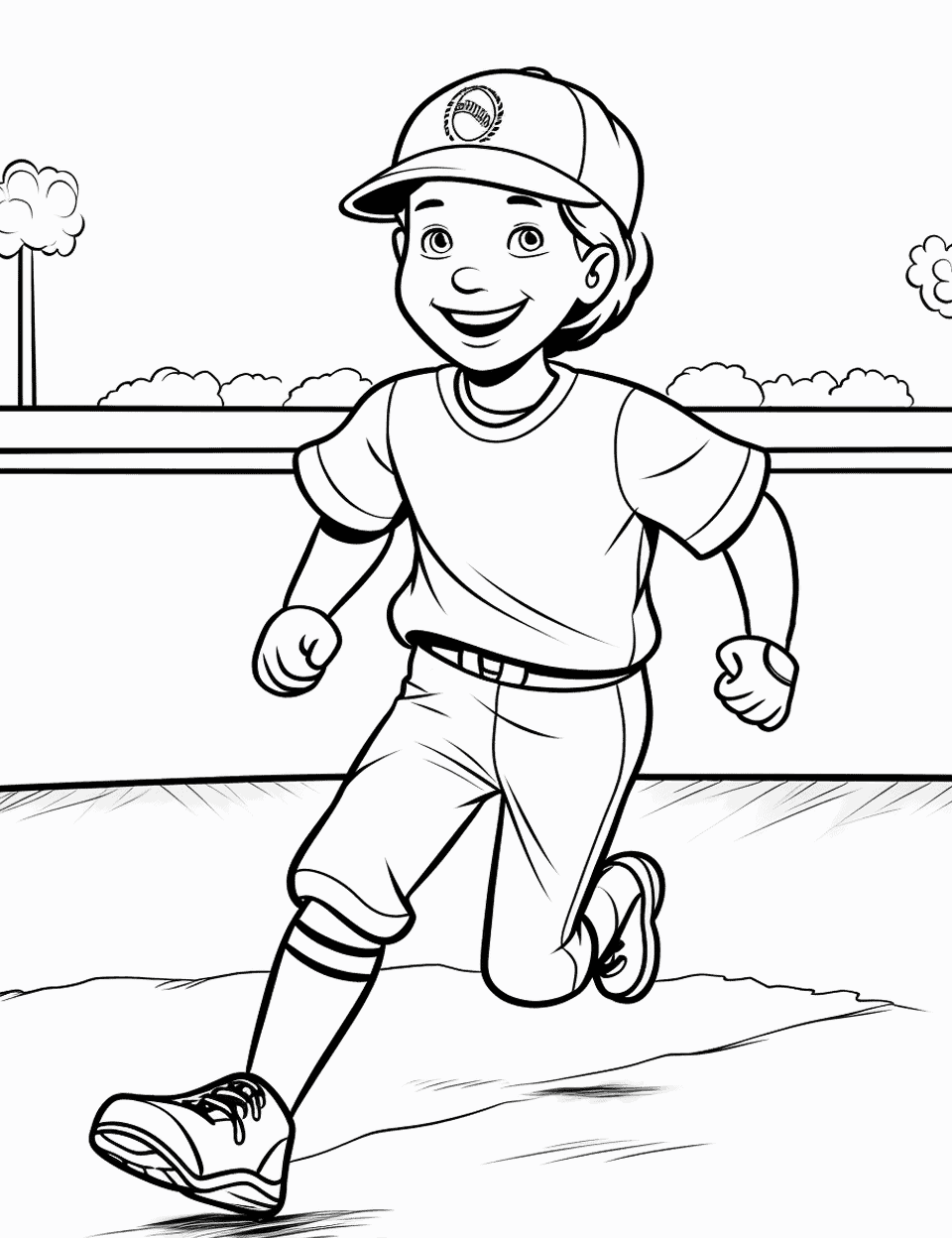 Home Run Hero Baseball Coloring Page - A grinning kid jogs across the dirt with his arms pumping, cap on, fence and trees behind him. Bold and forgiving lines mean crayons are perfectly fine. Try a warm color for the dirt and a cooler one for the grass strip so the two areas separate. Tape the finished page to the fridge after a real game.