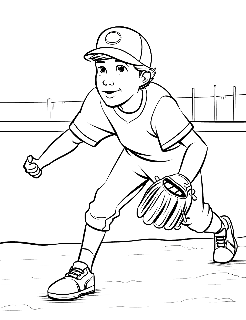 Fielding Practice Baseball Coloring Page - Down low with the glove almost touching the ground, this fielder is set for a grounder. The crouch shows off the creases in the uniform and the laces on the glove. Brown or black on the glove and one bright color on the jersey keeps the focus where the action is. Good for a child who plays the infield and wants to color their own position.