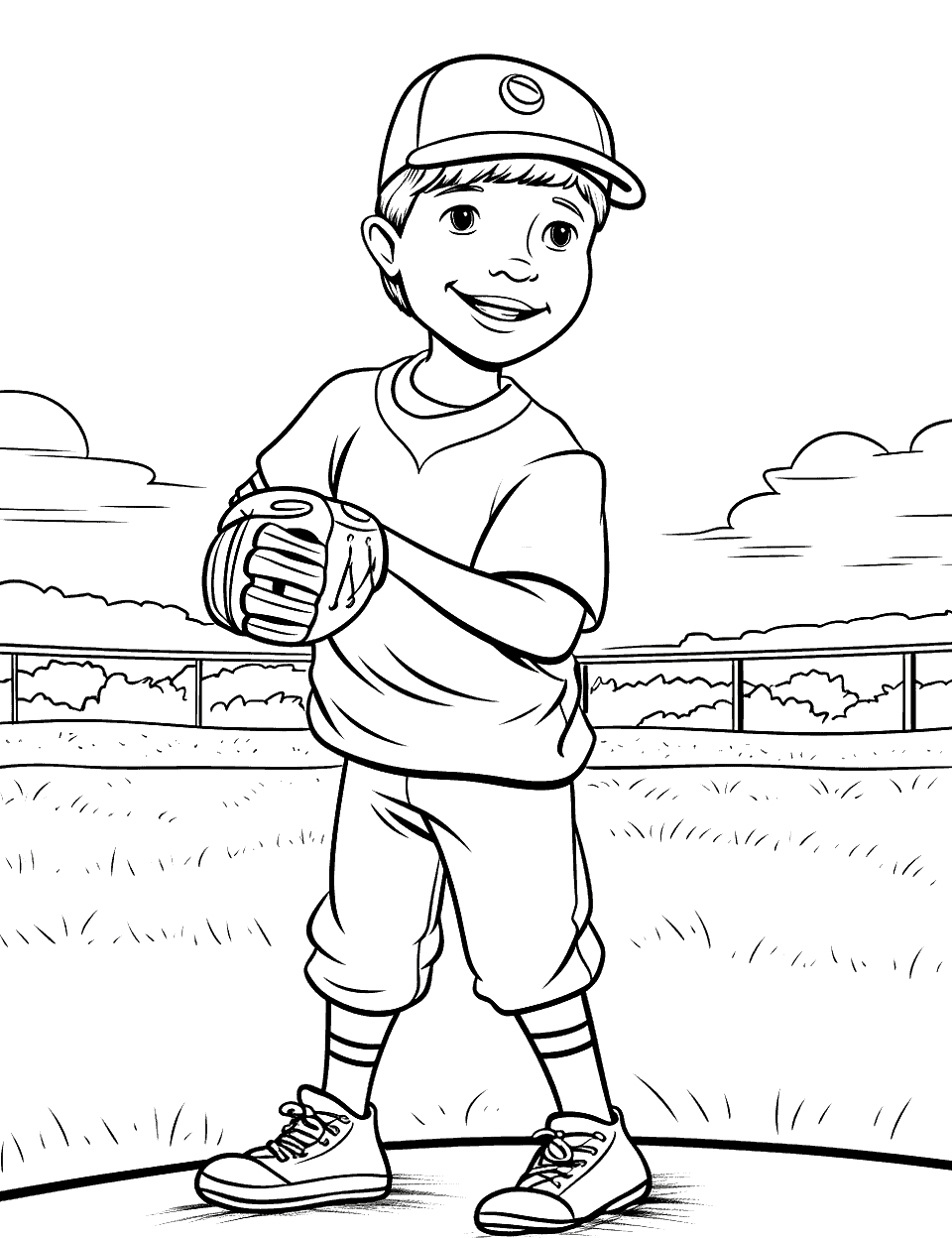 First Baseball Game Coloring Page - A young player holds his glove with both hands at his chest and looks straight out at you, with a low fence, an open field, and clouds behind. Big shapes and few details make it a smooth first page for a five-year-old. Let them color the glove any wild shade they like. It is a sweet keepsake to date on the back after a first game.