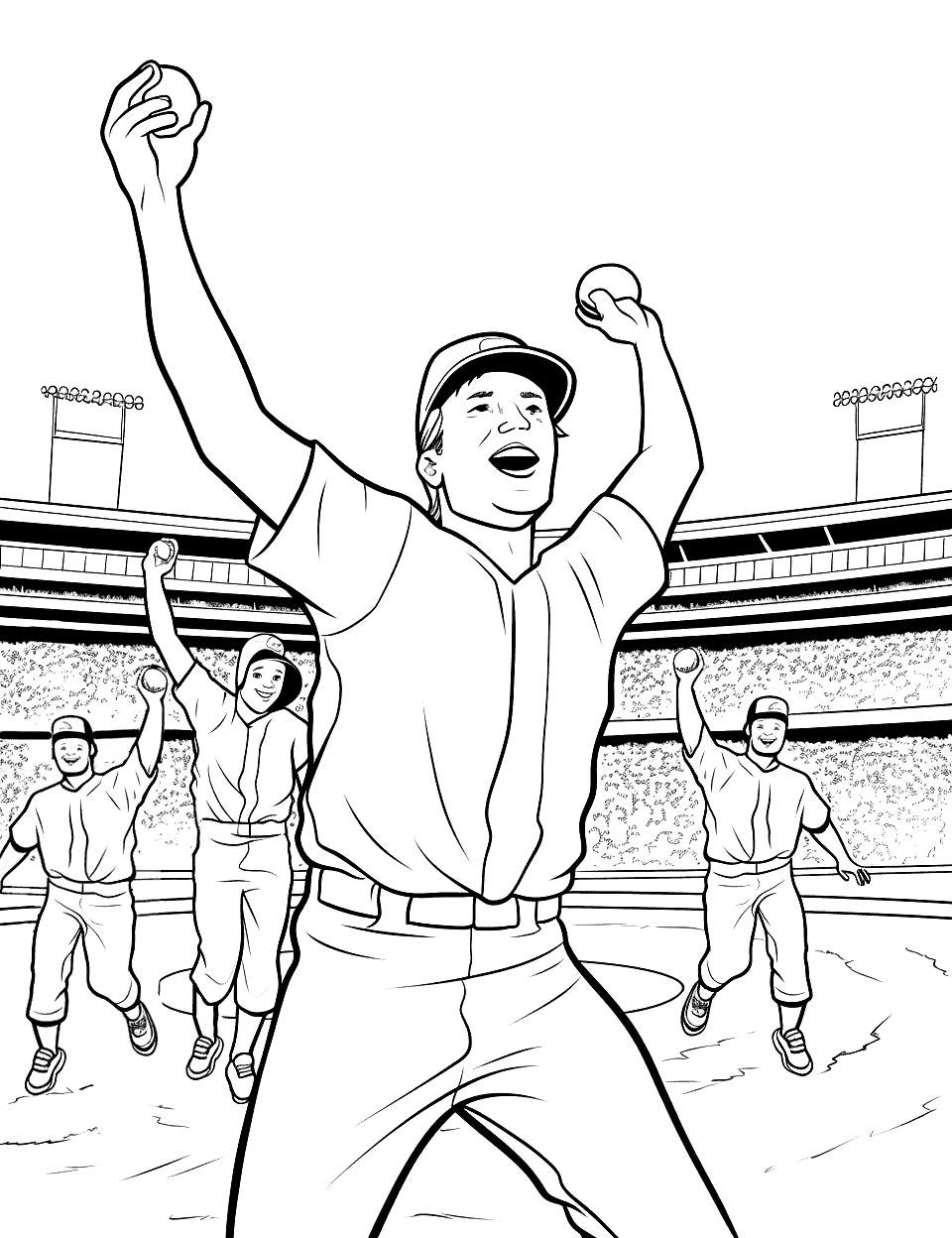 Grand Slam Celebration Baseball Coloring Page - The player in front throws both arms up while three teammates behind him do the same, balls raised over their heads, a packed stadium filling the background. The crowd is drawn as dense little marks, so leave it pale or lay in a gray wash and let the uniforms carry the color. Light towers stand at either side of the stands. This page takes a while and rewards patience.