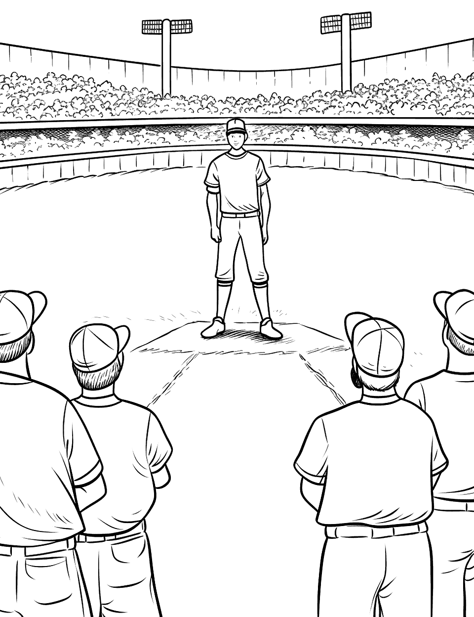 All Eyes on the Field Baseball Coloring Page - You are looking over the shoulders of a row of capped players toward one teammate standing out on the infield, with the crowd and two light towers behind him. The unusual viewpoint makes it a challenge for an older child. Keep the foreground uniforms dark and the distant crowd light to build some depth. Ask your child what the player out there is about to do.