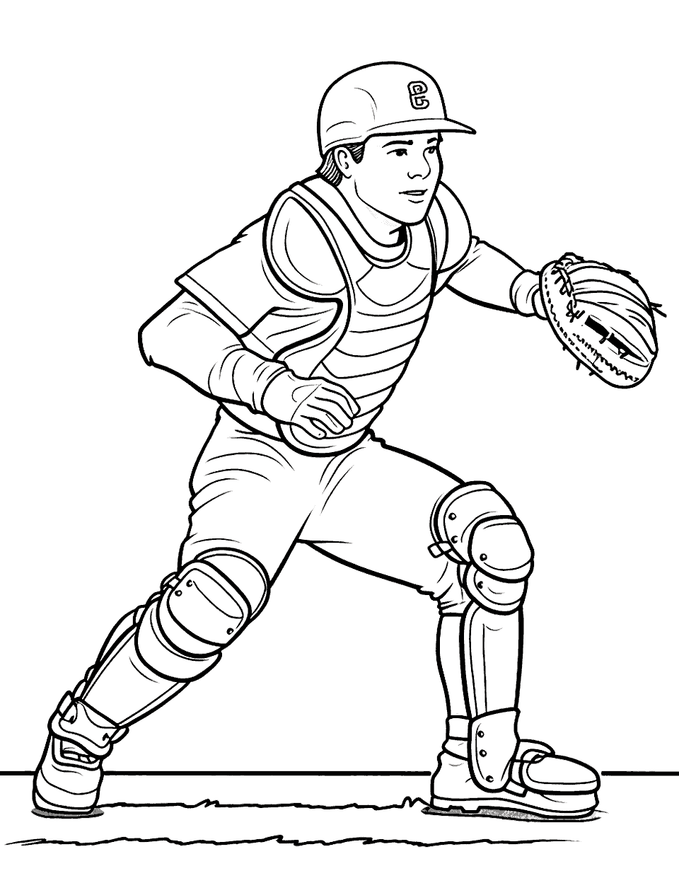 Cool Catcher in Action Baseball Coloring Page - Full catcher’s gear is the draw on this sheet: helmet, chest protector, shin guards on both legs, and a laced mitt held out to one side. His other hand holds the ball down near his waist. All those straps and buckles reward colored pencils more than fat crayons. Try a dark chest protector against a pale jersey so the padding lines stay visible.