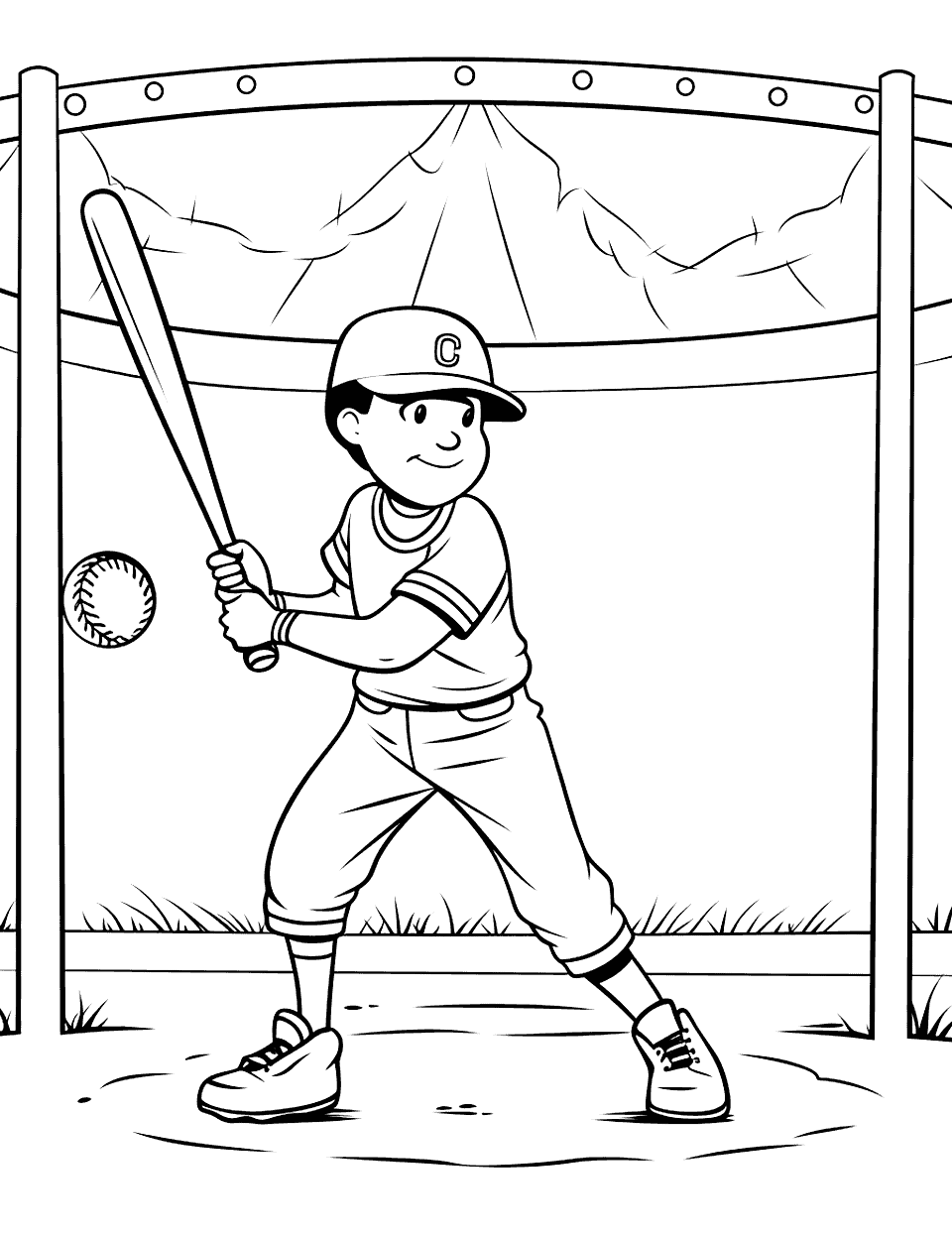 Batting Cage Practice Baseball Coloring Page - Inside a netted cage, a young batter swings as the ball comes in on his left, cage poles standing on both sides and netting stretched overhead. The mesh gives a repeating pattern that older kids enjoy shading. Leave the net light gray so the batter stays the brightest thing on the page. His cap carries a single letter you can color as your own team’s initial.