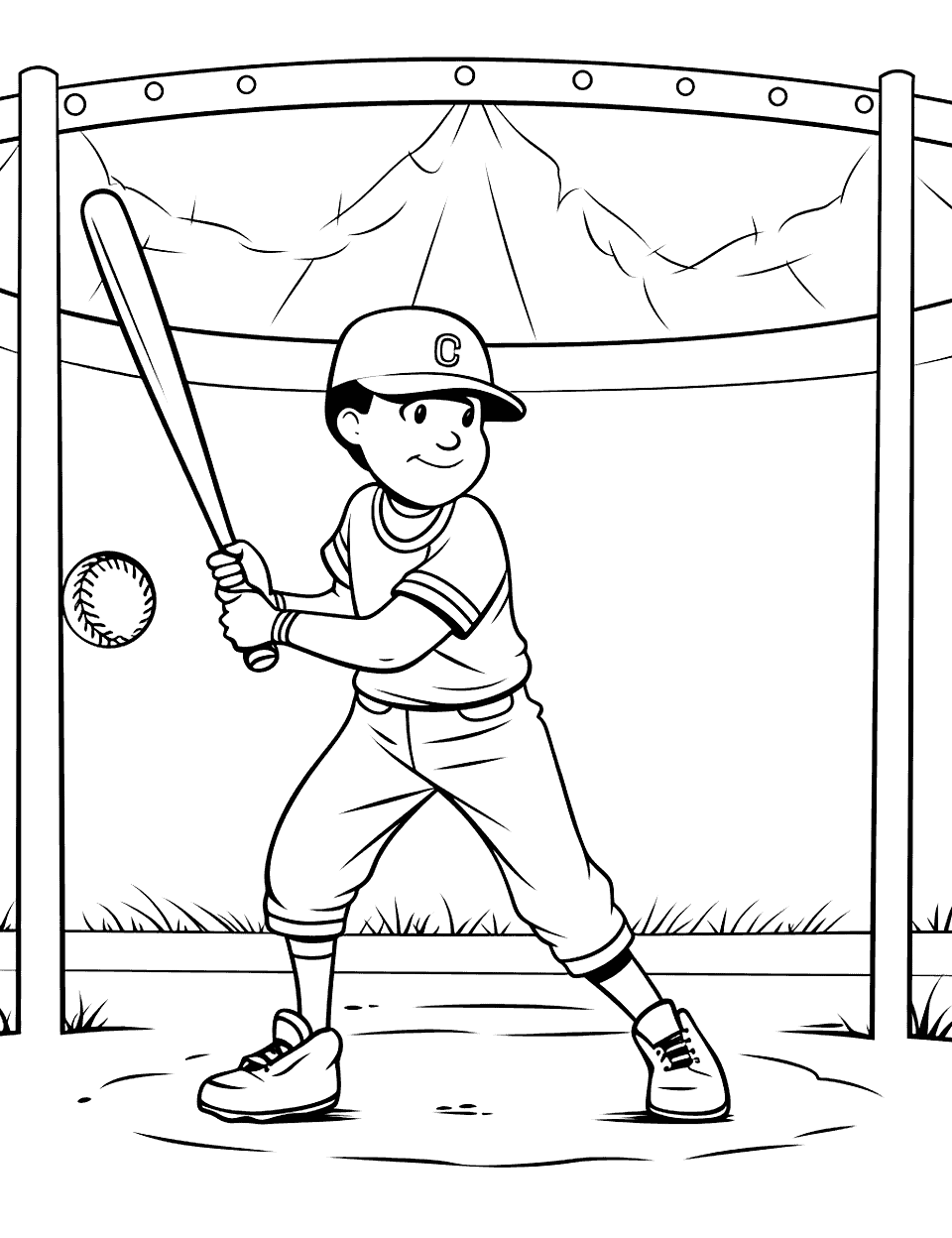 Batting Cage Practice Baseball Coloring Page - A player practicing swings in a batting cage.