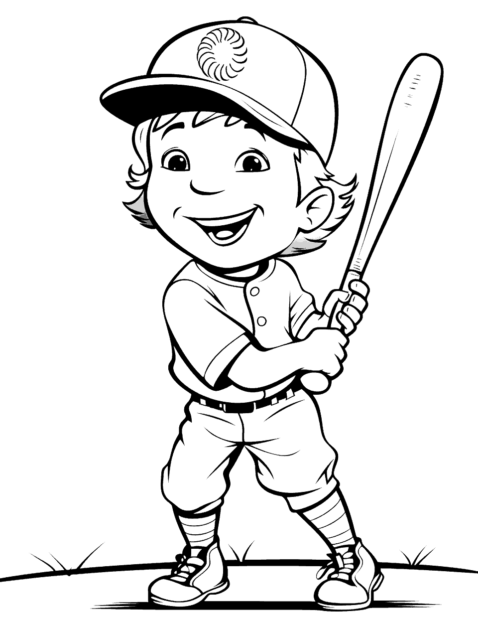 Cartoon Rookie Up to Bat Baseball Coloring Page - Big eyes, a huge grin, and a bat held up in both hands: this cartoon rookie is all excitement. The cap patch, the buttoned jersey, and the striped socks are the only fine details, so crayons handle it fine. Bright primary colors suit the style. Print two and let a younger sibling race you to the finish.