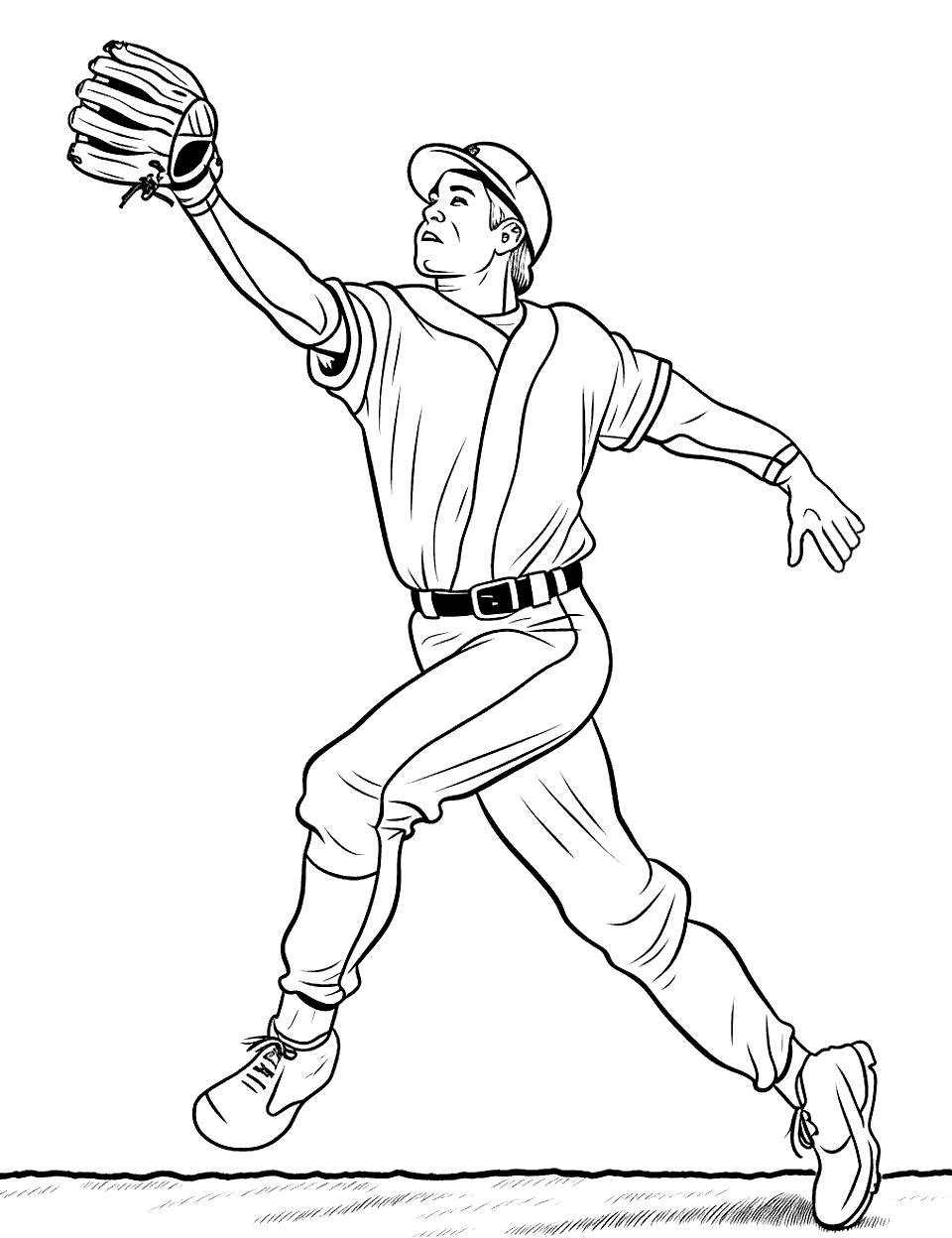 Outfield Catch Baseball Coloring Page - Stretched out full length, this fielder reaches his glove high overhead while the other arm swings back for balance. No ball is drawn, so your child can add one wherever they think it should be. The uniform folds and glove laces are finely drawn and suit pencils. It is one of the harder pages here, which makes it a good pick for a teen or an adult.