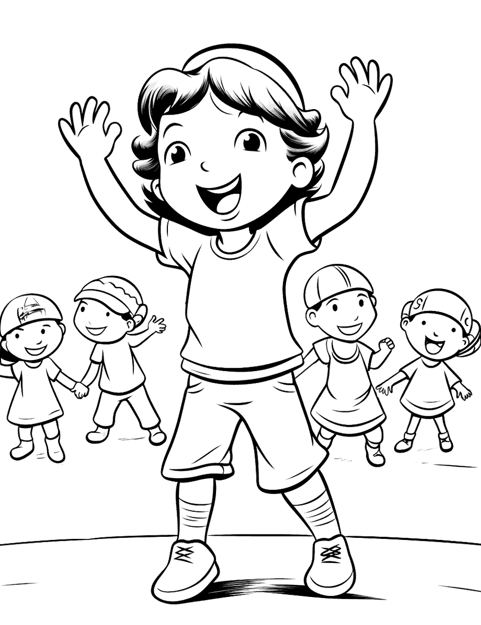 Dugout Dance Party Baseball Coloring Page - A grinning kid throws both arms up in front while four smaller kids in caps wave and bounce behind. Everyone is in plain shirts and shorts, which leaves the page mostly open space. Give each child in the back a different shirt color and keep the one in front in team colors. Cut it out and it doubles as a card for the end-of-season party.