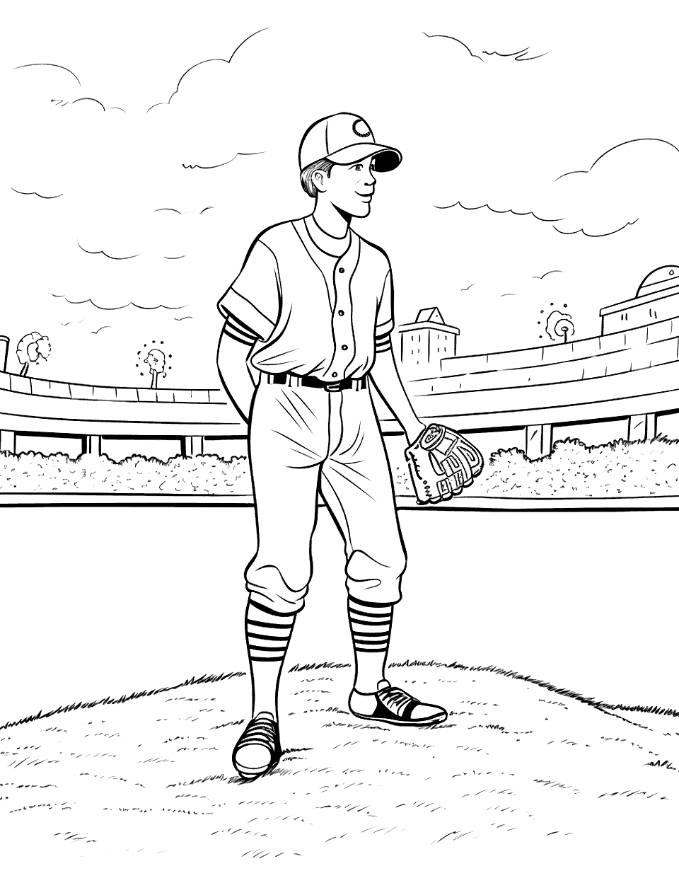 Old-Time Ballplayer Baseball Coloring Page - An older-style uniform sets this one apart: a button-front jersey, belted pants, and striped socks, with the glove held down at his side. Behind him a low outfield wall runs across the page, with buildings and clouds beyond it. Cream with a single dark trim color reads as a vintage kit. Pair it with the trading card activity further down.