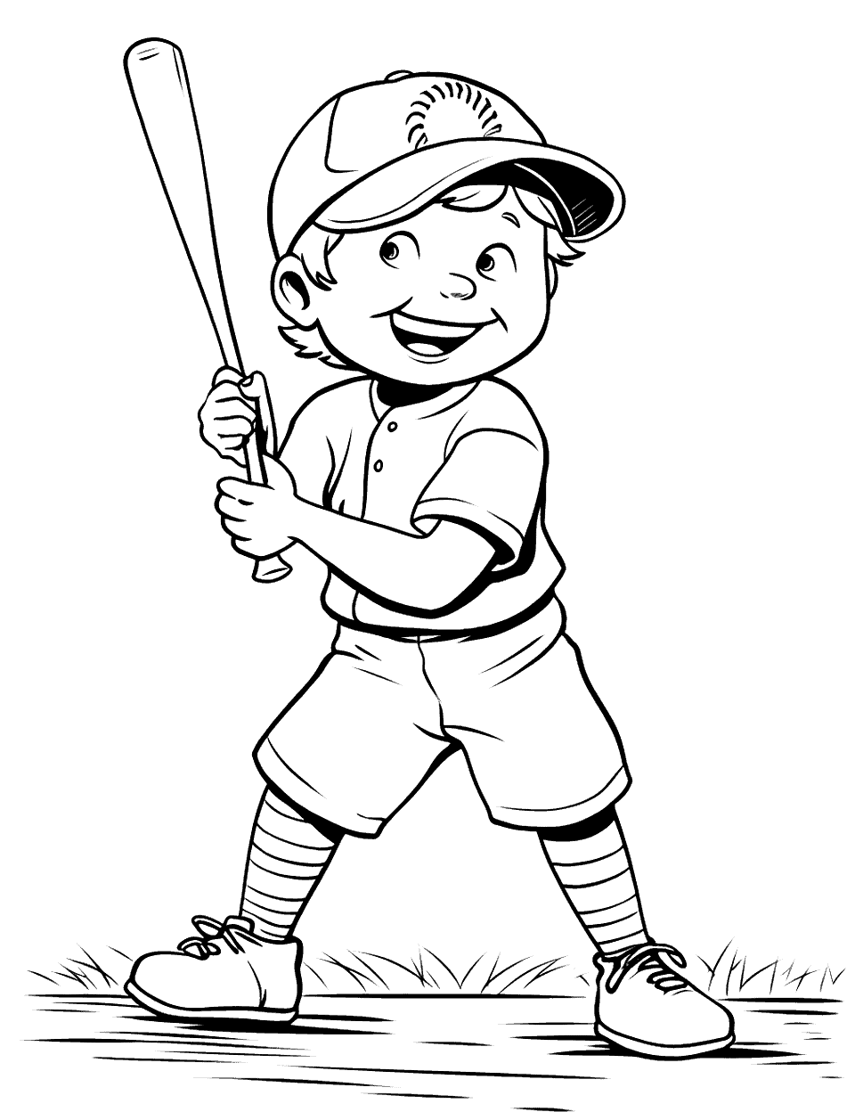 Ready to Swing Baseball Coloring Page - This cartoon batter holds the bat up beside his ear with both hands and a wide open smile, standing on a patch of grass. Shorts and striped socks instead of long pants make it a summer scene. Two bold colors are all it needs. Toddlers can manage this one with chunky crayons.