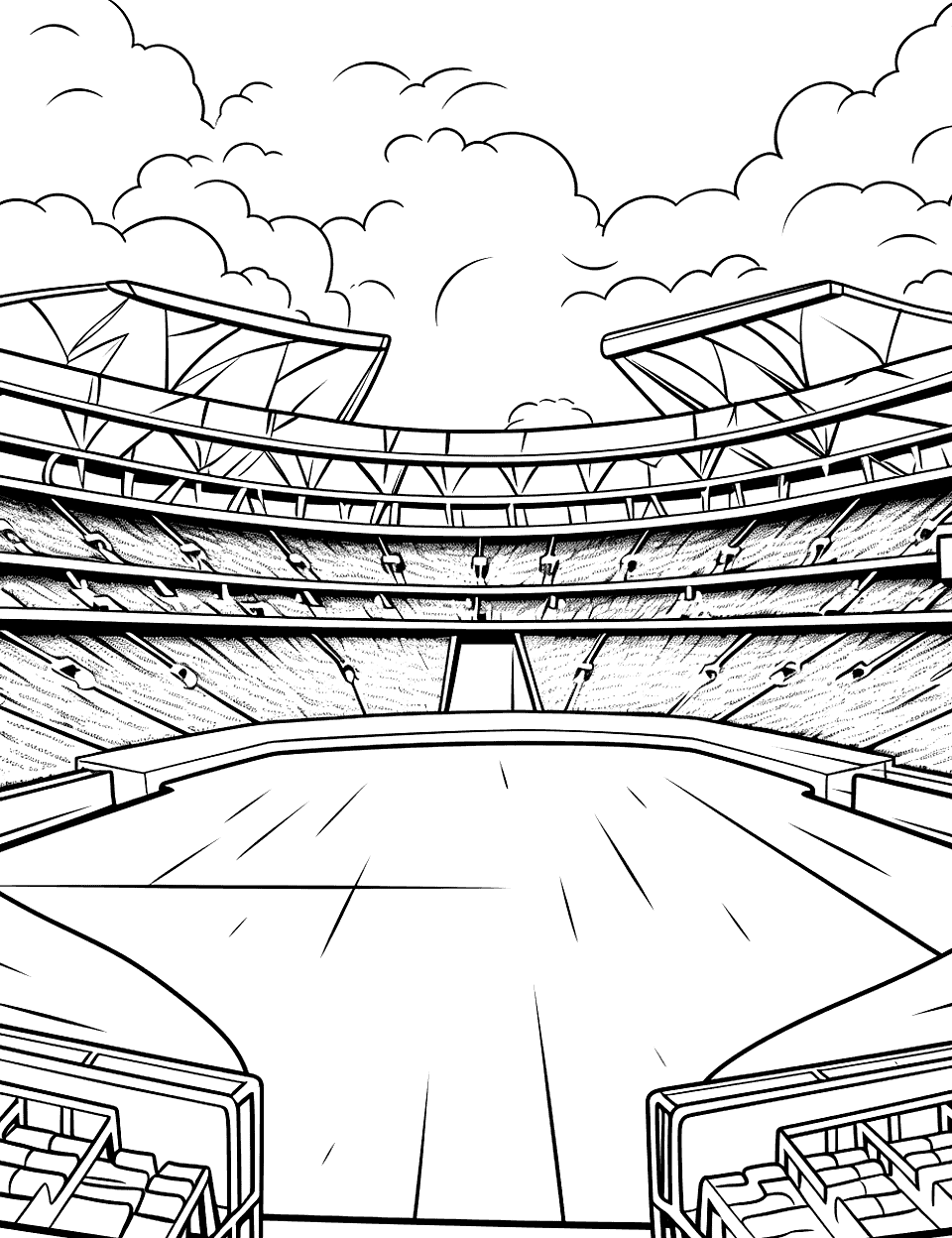 Big Stadium, Empty Seats Baseball Coloring Page - Rows and rows of empty seats curve around a wide field, with a roof canopy over the top deck and clouds behind it. Not one person appears on the page, which turns it into a quiet, almost architectural project. Vary the seat colors by section the way real ballparks do. This is a long sit, better suited to an adult or a patient older child.