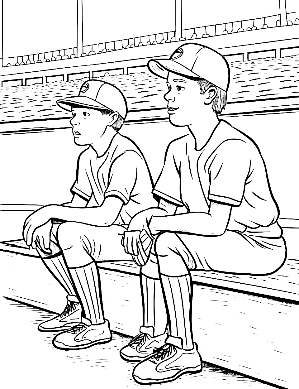 Bench Chatter Baseball Coloring Page - Players on the bench talking and strategizing during a half-time break.
