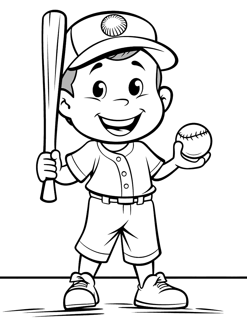 Cartoon Kid With Bat and Ball Baseball Coloring Page - A round-faced cartoon player grins from ear to ear, a bat raised in one hand and a baseball balanced in the other. The shapes are big and simple, which suits preschoolers and shaky grips. Silly colors work better here than real team colors. The stitching on the ball is a good spot for a red pencil.
