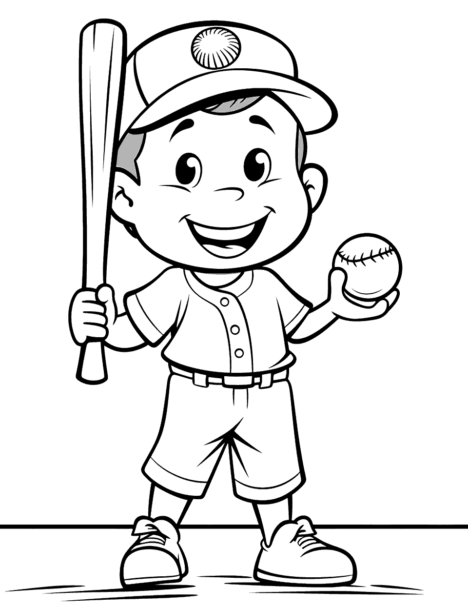 Baseball Mascot Coloring Page - A mascot smiling and holding a baseball bat and a ball.
