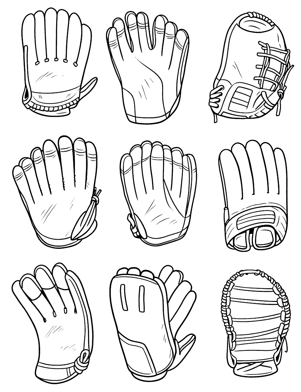 Baseball Glove Collection Coloring Page - Nine gloves and mitts fill this page in a three-by-three grid, each with different webbing, lacing, and cuff. It is the best sheet here for shading practice, since every glove is the same object drawn a different way. Try browns and tans on most of them and one wild color on a single glove. Teachers can cut the grid into nine cards for a matching game.