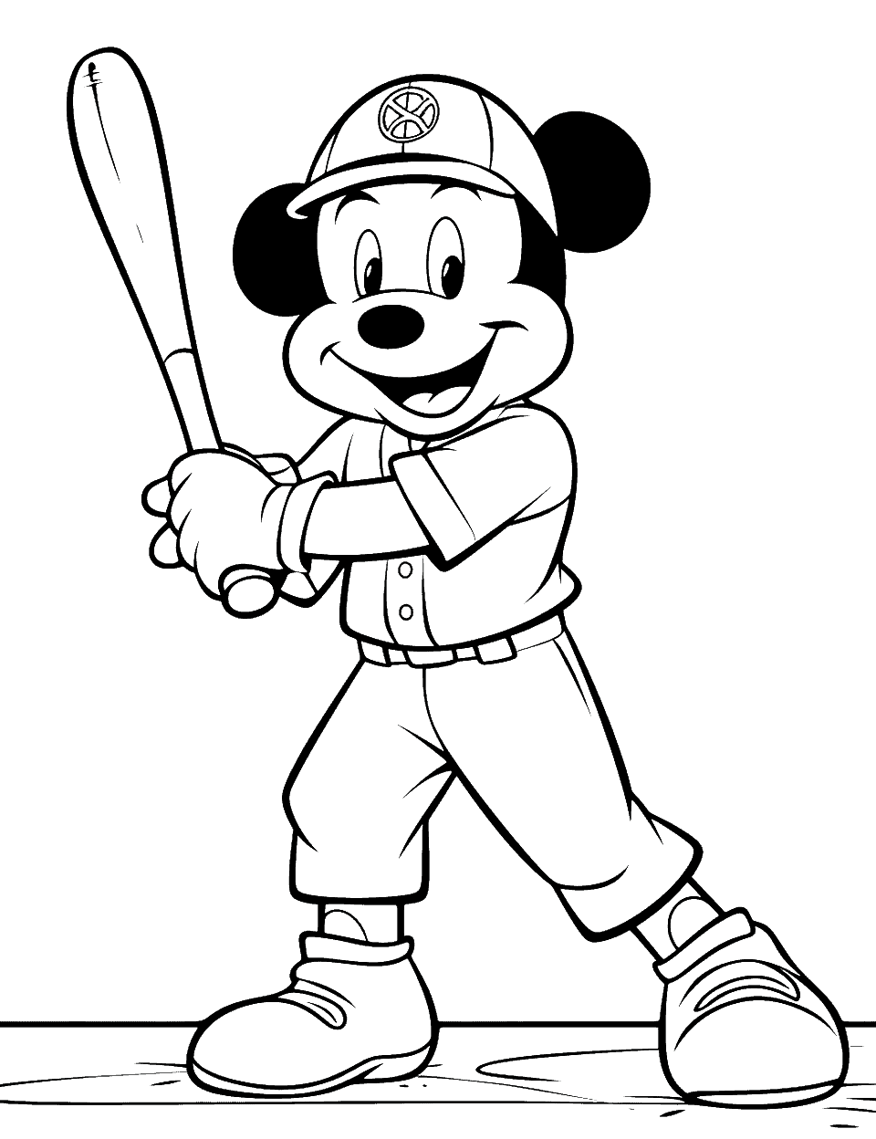 Mickey Playing Baseball Coloring Page - Mickey Mouse swings through in a cap and buttoned uniform with the bat carried up behind him. His ears and shoes are already solid black in the drawing, so the color work sits in the jersey, pants, and cap. Red and yellow keep him on model, though inventing a team kit for him is more fun. This one is a good pick for a themed party table.