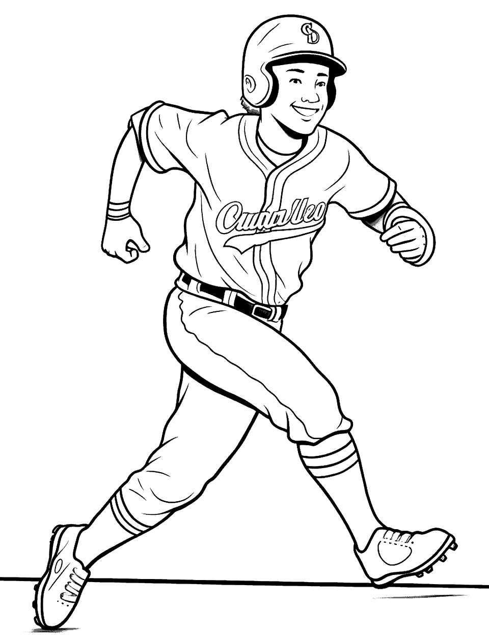Victory Lap Baseball Coloring Page - This runner is caught mid-stride with a wide smile, script lettering across the jersey chest, and striped socks above the cleats. Wristbands, belt, and jersey piping give an older child plenty of small pieces to work through. Use one accent color on the piping and the socks so the uniform reads as a real set. The blank background can become a crowd or stay white.