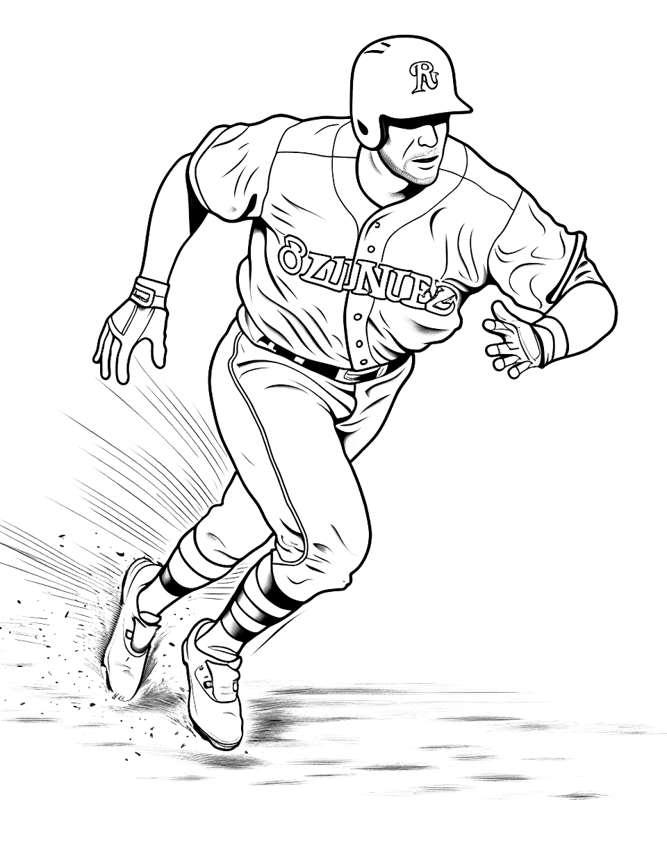 Base Runner in Full Sprint Baseball Coloring Page - Speed lines and scattered dirt trail behind this runner as he digs for the next base. It is one of the more detailed player sheets in the set, with shading marks already drawn into the pants and sleeves. Colored pencils layer over those marks better than markers do. Save it for a teen or an adult who wants to sit with a page for a while.