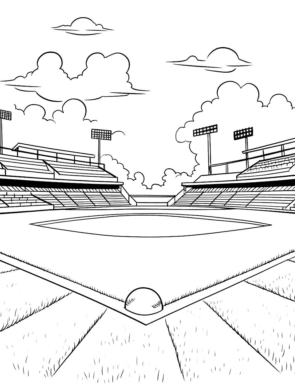 View From Behind Home Plate Baseball Coloring Page - Home plate sits front and center with a ball resting against it and the mown grass fanning out in wedges behind. Beyond the infield are two banks of bleachers, light towers, and a sky full of soft clouds. Nobody is on the field, so the whole page is scenery: green grass, brown dirt, and any color you like for the seats. It also makes a good backdrop if you cut a player out of another sheet and glue him on.