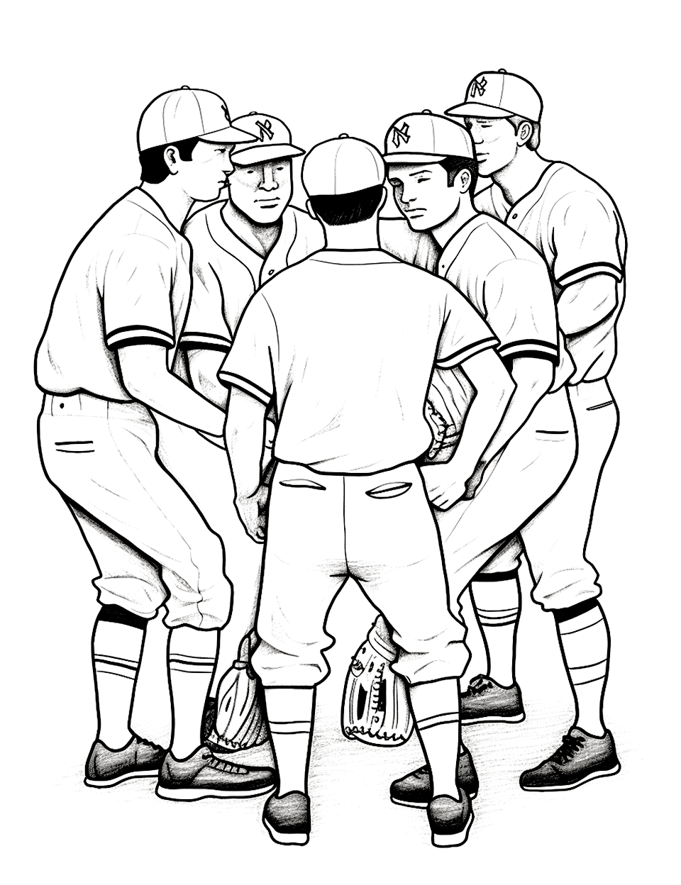Team Huddle Baseball Coloring Page - Five players lean into a tight circle with their caps almost touching, one of them drawn from behind so you see only his back. Gloves hang at their sides. Give every uniform the same two colors to make them one team, or mix them up into an all-star huddle. The overlapping arms and legs are easier with pencils than with markers.