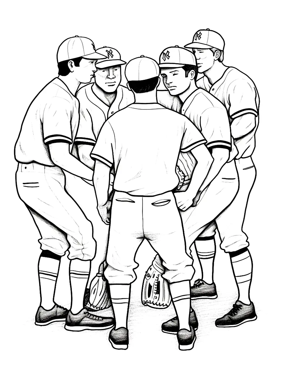 Team Huddle Baseball Coloring Page - A pro team gathered in a huddle, discussing strategy with excitement.