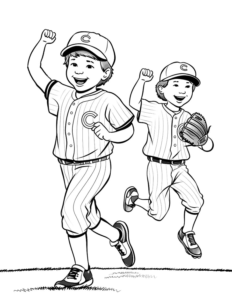 Players Celebrate Baseball Coloring Page - Two young players run in with fists up after a good play, both in pinstriped uniforms and caps with a letter on the front. One still has his glove on his hand. Pinstripes teach a useful trick: color the stripes first, then fill around them. A strip of grass at the bottom gives you an edge to finish on.