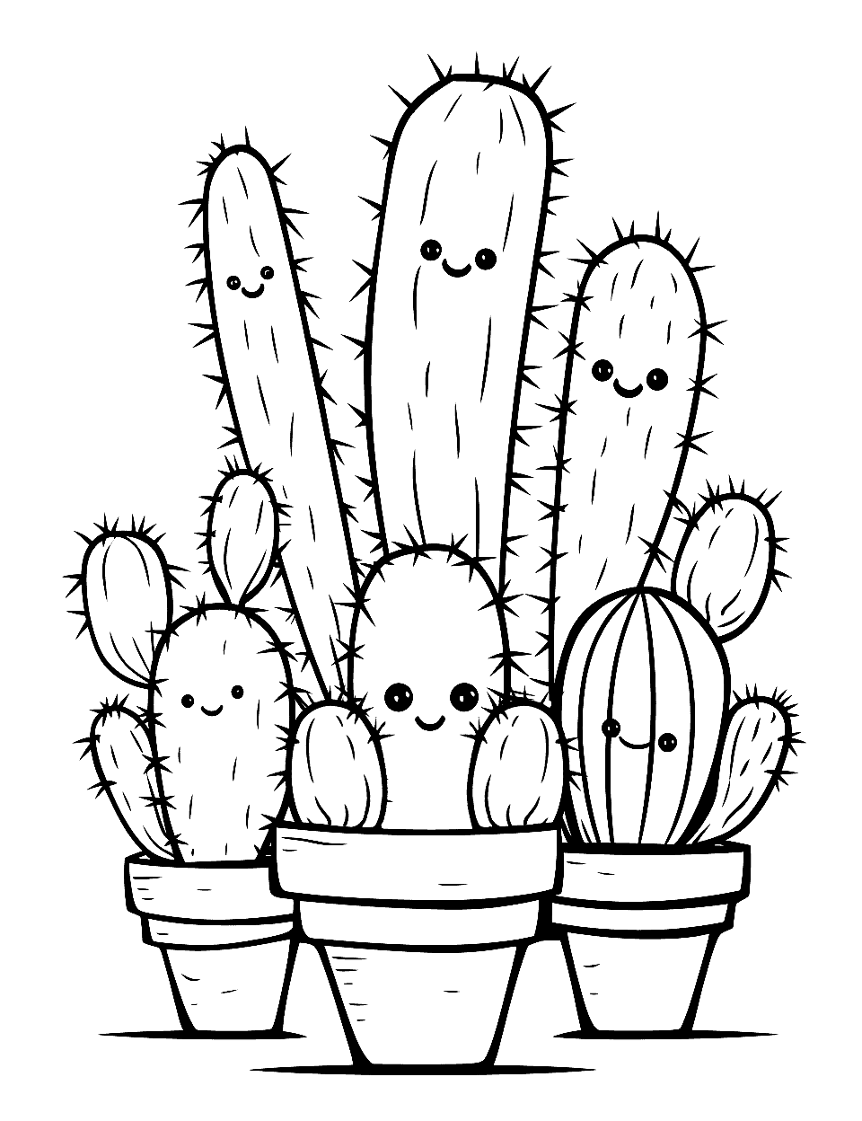 Cute Cactus Garden Coloring Page - Several cute cacti with smiling faces, planted in a whimsical garden setting.