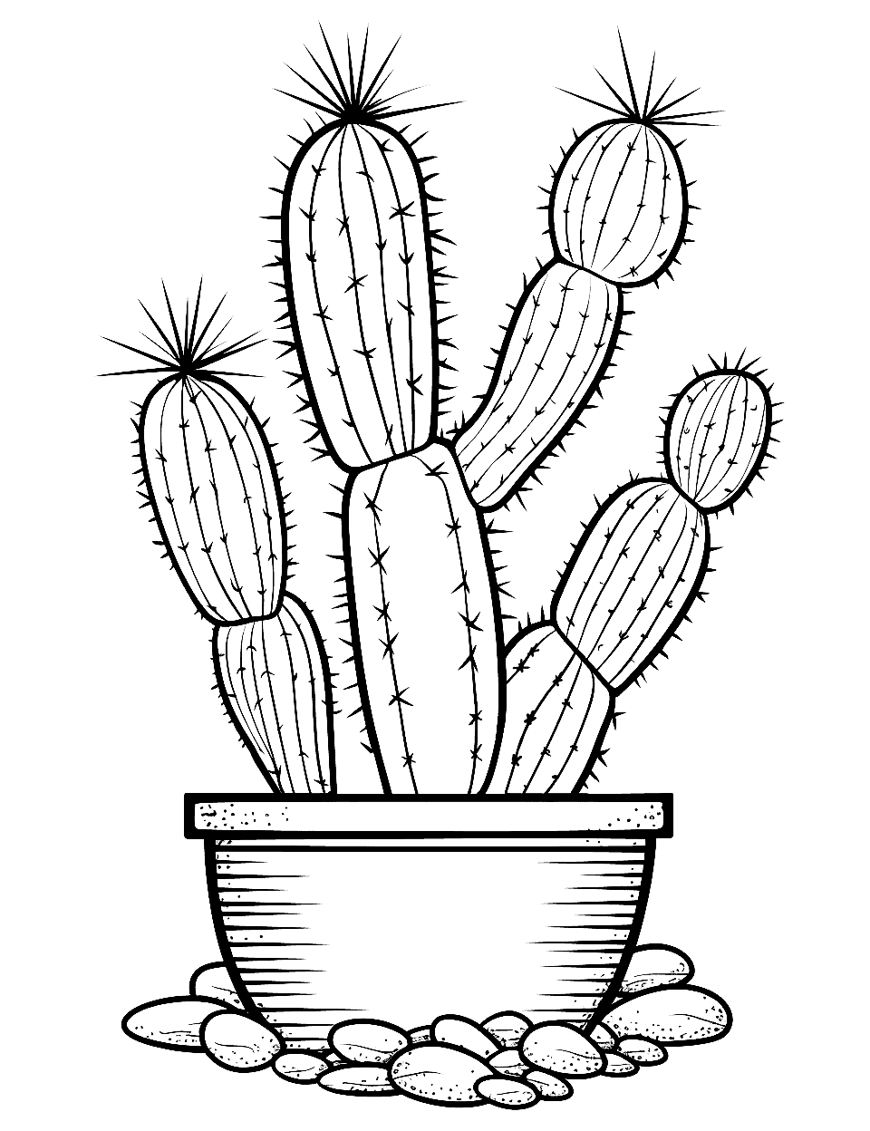 Cactus with Desert Decorations Coloring Page - A cactus surrounded by desert-themed decorations like rocks.