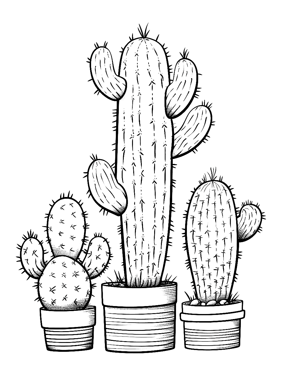 Cactus Family Coloring Page - A family of cacti of varying sizes.