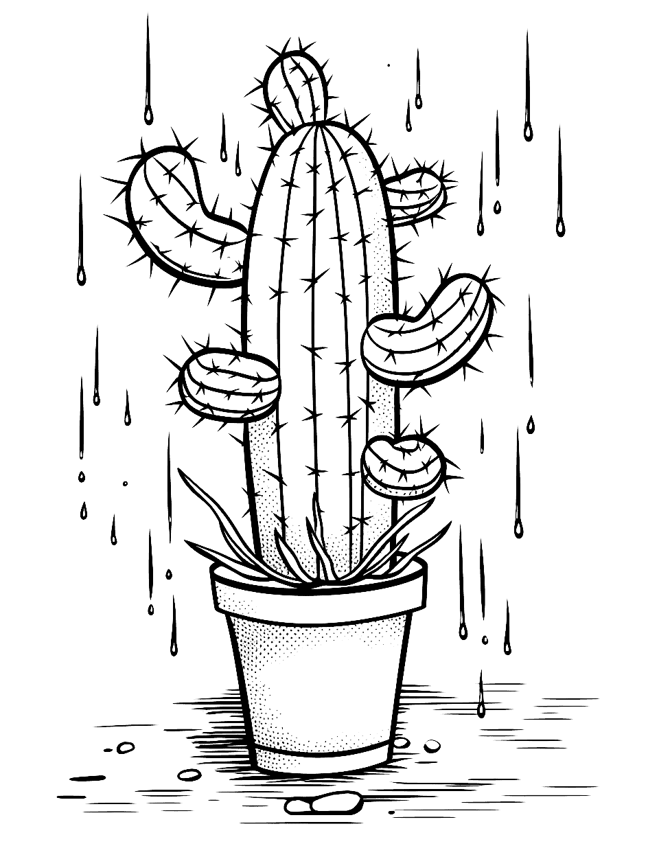 Cactus in a Rain Shower Coloring Page - A scene of a cactus in a top enjoying a rare rain shower with raindrops falling around it.