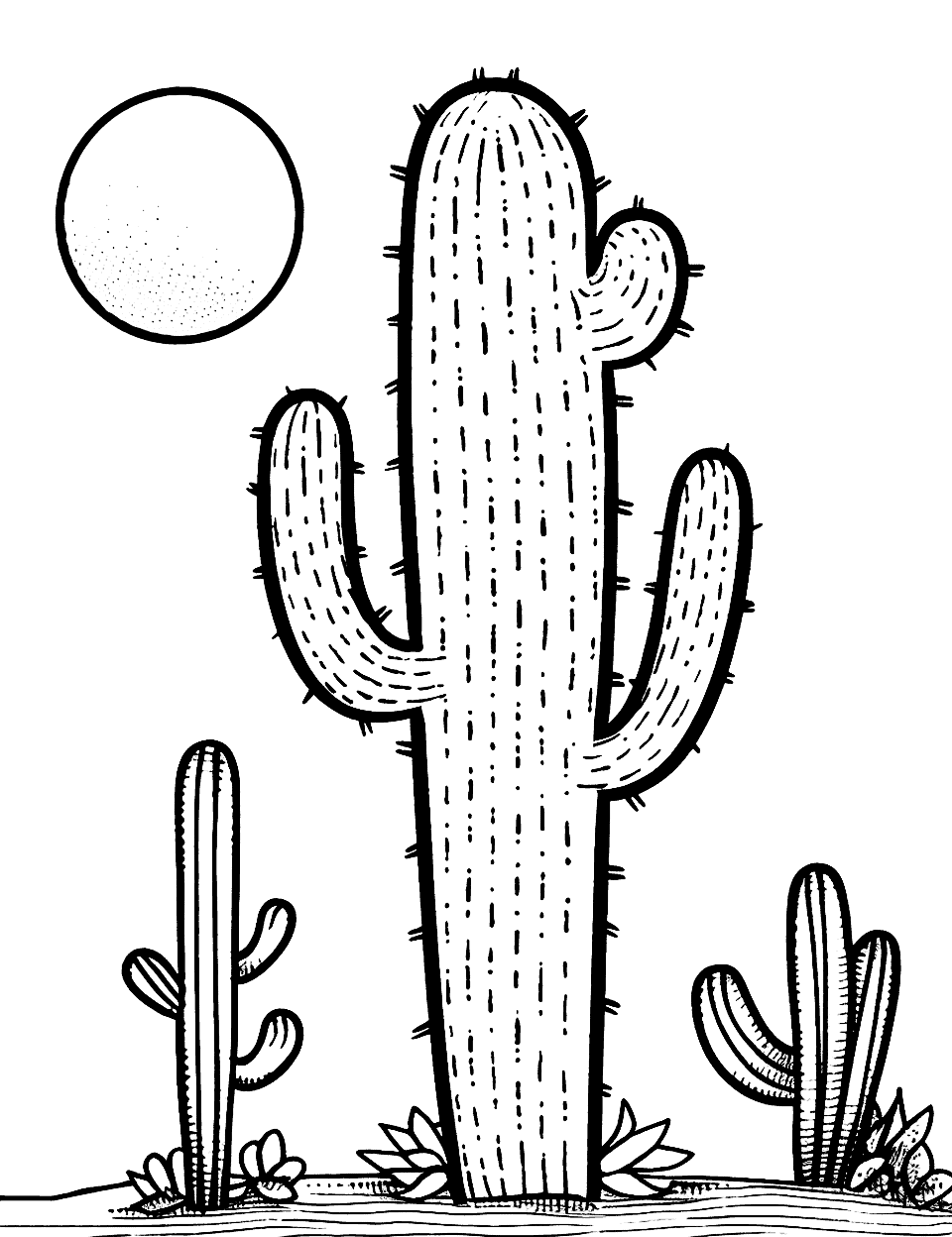 Cactus and Moonlit Night Coloring Page - A serene scene of a cactus under a night sky with a bright, full moon.
