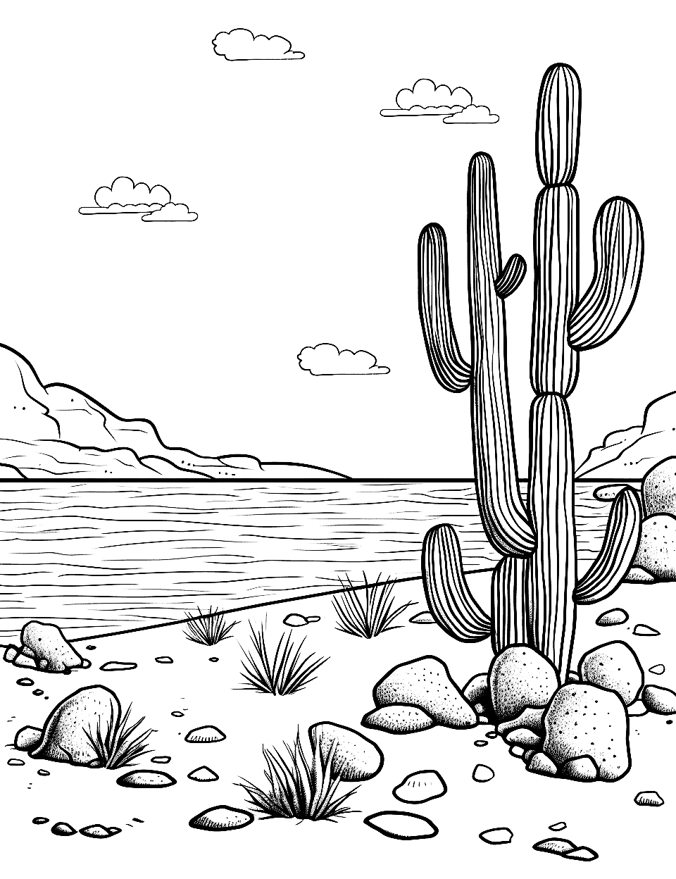 Ocean Meets Desert Cactus Coloring Page - An imaginative scene where the desert, with its cacti, meets the ocean shore.