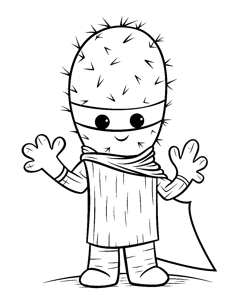 Cactus as a Superhero Coloring Page - A cactus dressed as a superhero, complete with a cape and mask.