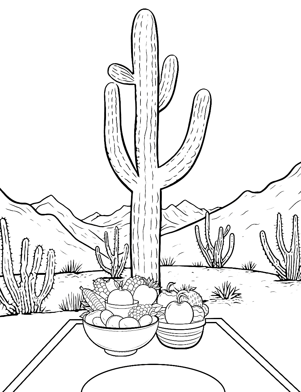 Picnic in the Desert Cactus Coloring Page - A picnic scene with a blanket and basket, set in a desert with cacti around.