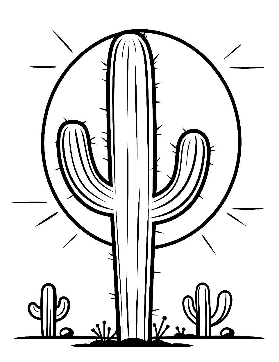 Simple Saguaro Silhouette Cactus Coloring Page - A basic outline of a towering Saguaro cactus against a setting sun.