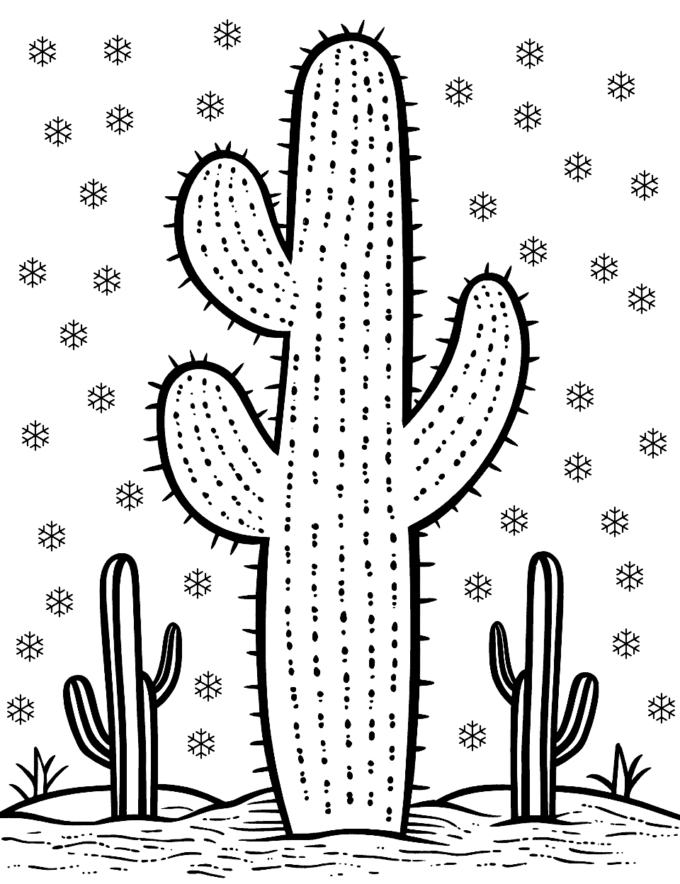 Cactus in a Winter Scene Coloring Page - A unique scene of a cactus with snowflakes falling around it, showcasing a desert winter.