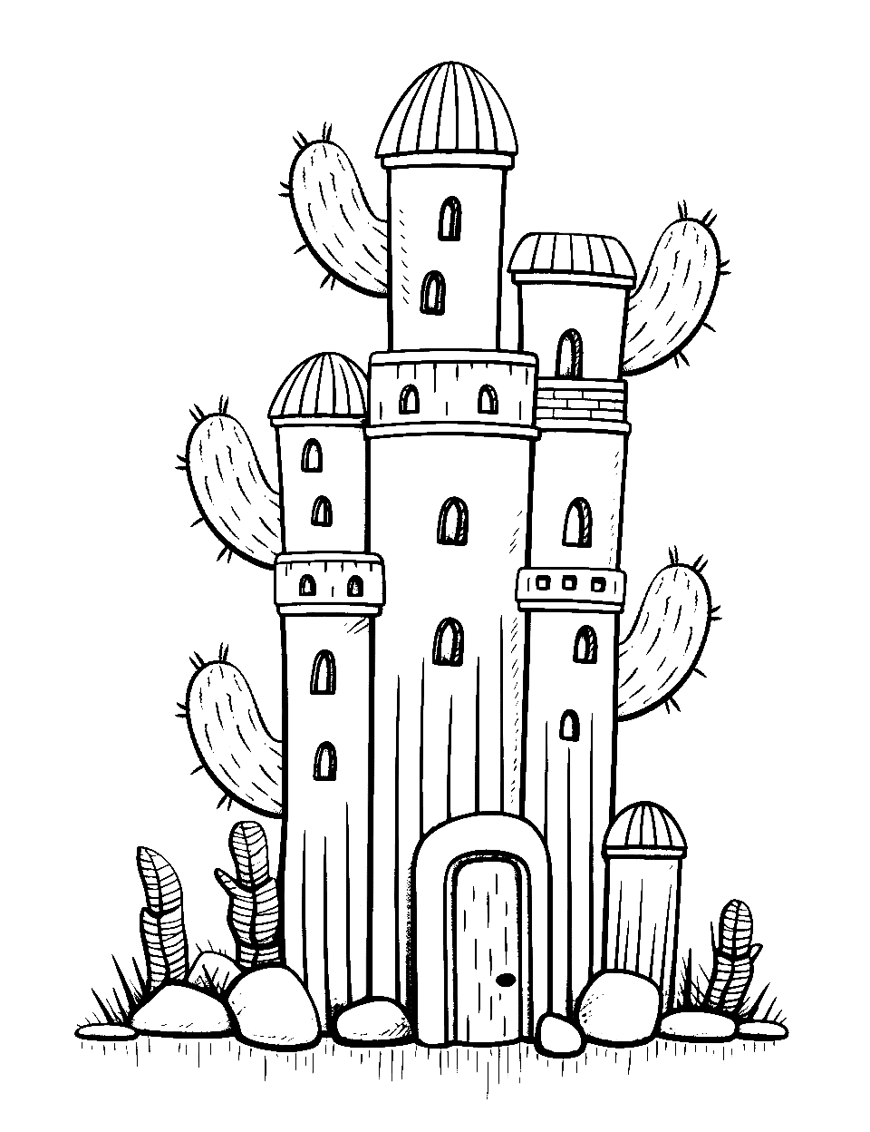 Cactus as a Castle Coloring Page - A cactus shaped like a castle, complete with features of a tower.