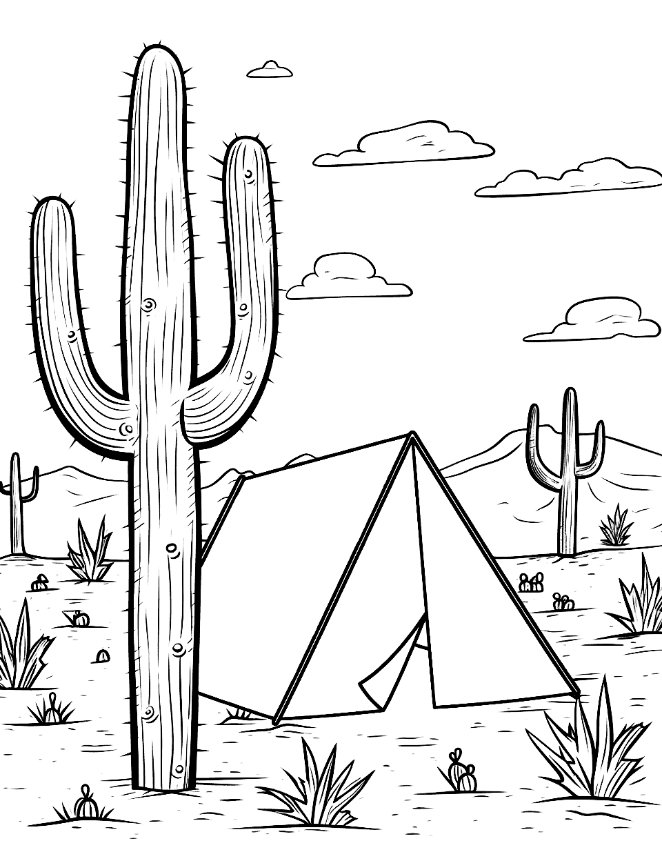 Desert Camping with Cacti Cactus Coloring Page - A camping scene in the desert with a tent and cacti in the background.