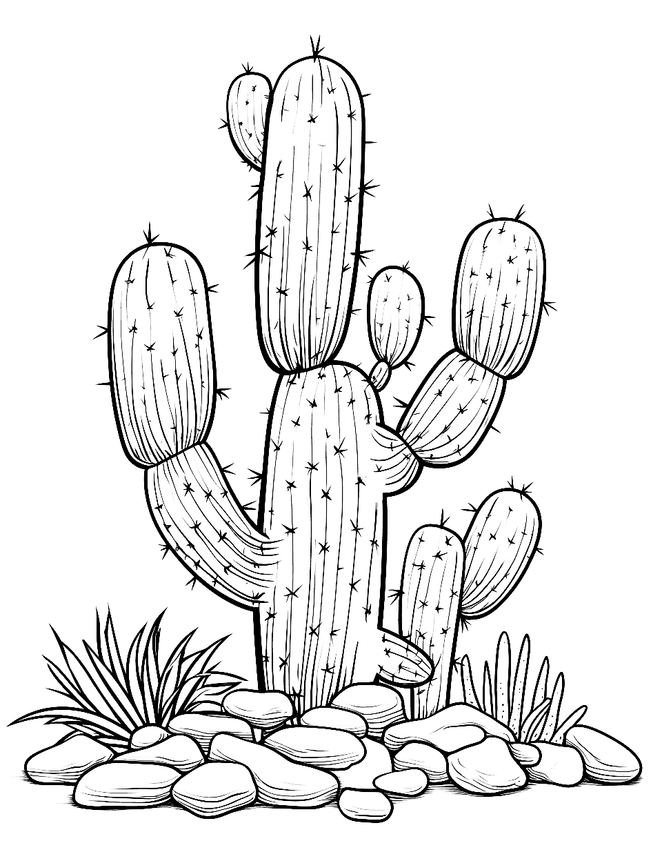 Cactus with Desert Rocks Coloring Page - A cactus surrounded by interestingly shaped desert rocks and pebbles.