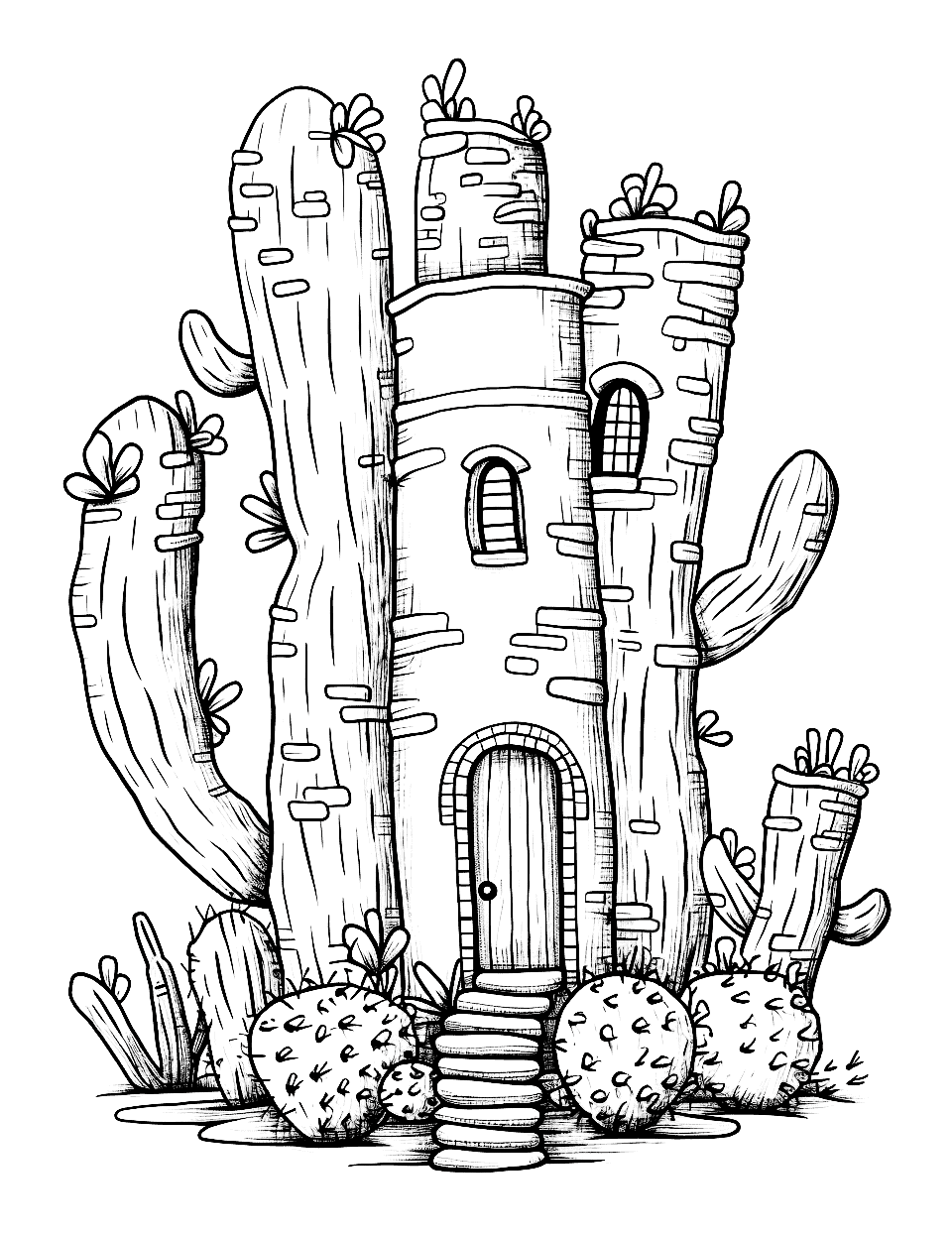 Fairytale Cactus Castle Coloring Page - A cactus transformed into a whimsical fairytale castle.